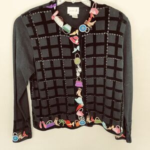 Vintage JUST B Knit Sweater Cardigan Women XL 50s Style Black Appliqué Sequins